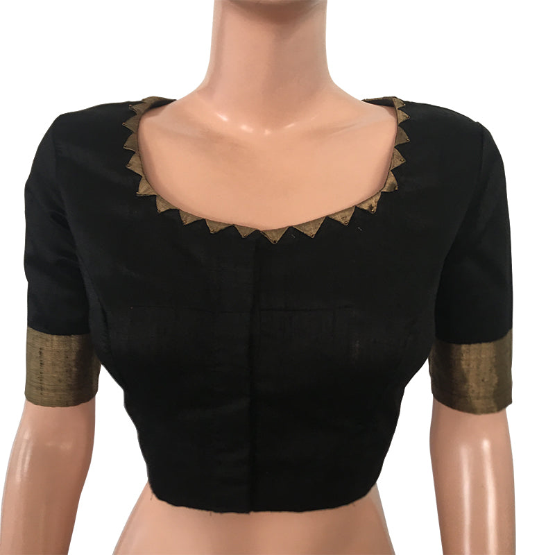 Pure Raw Silk Roundneck Blouse with Zari Border, Beads Details & Lining Black, BS1142
