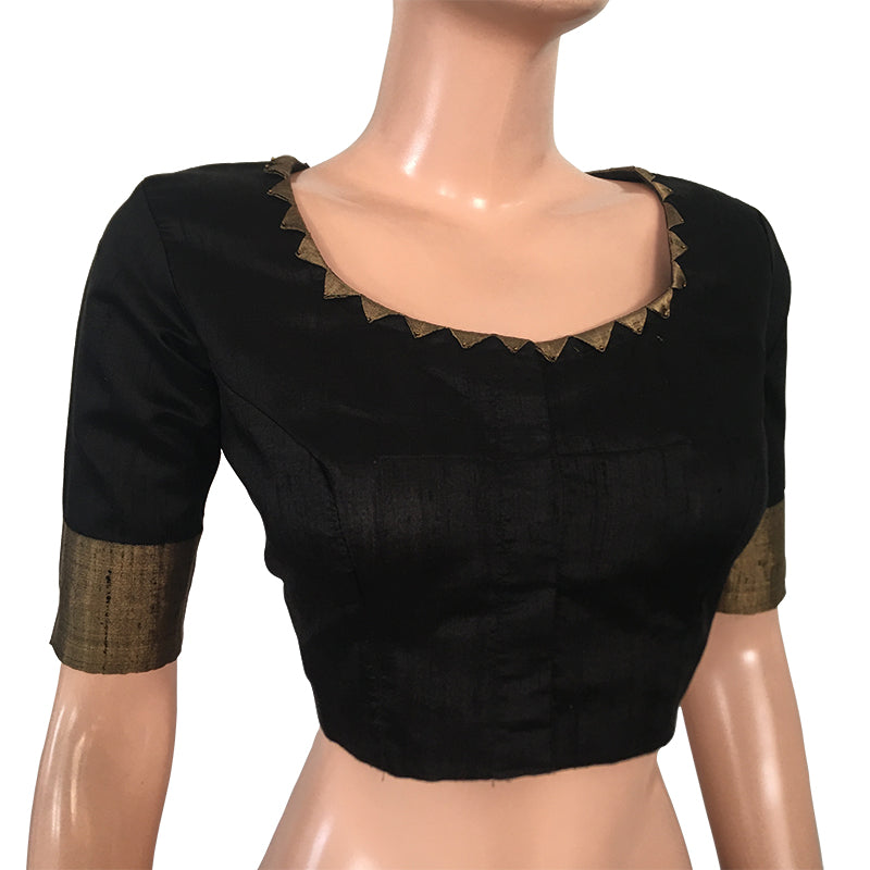 Pure Raw Silk Roundneck Blouse with Zari Border, Beads Details & Lining Black, BS1142