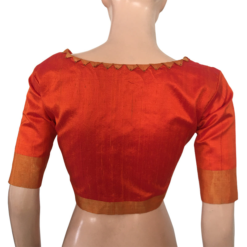 Pure Raw Silk  Roundneck Blouse with Zari Border, Beads Details  & Lining   Orange,  BS1143 Pure Raw Silk  Roundneck Blouse with Zari Border, Beads Details  & Lining   Orange,  BS1143