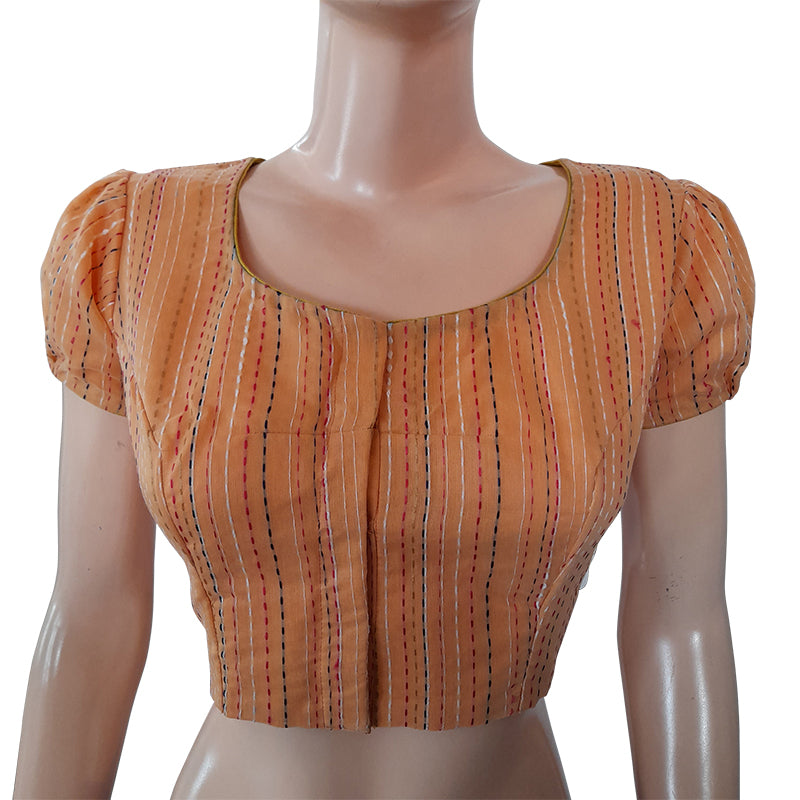 Semi Chanderi Silk Roundneck Blouse with Kantha Stripes & Lining, Peach, BS1145