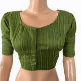 Bhagalpuri Silk Roundneck Blouse with  Puff Sleeves & Zari Stripes,   Green,  BS1154 Bhagalpuri Silk Roundneck Blouse with  Puff Sleeves & Zari Stripes,   Green,  BS1154