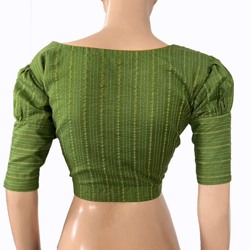 Bhagalpuri Silk Roundneck Blouse with  Puff Sleeves & Zari Stripes,   Green,  BS1154 Bhagalpuri Silk Roundneck Blouse with  Puff Sleeves & Zari Stripes,   Green,  BS1154