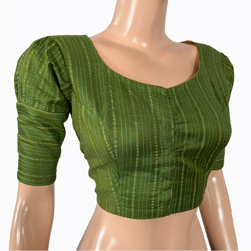 Bhagalpuri Silk Roundneck Blouse with  Puff Sleeves & Zari Stripes,   Green,  BS1154 Bhagalpuri Silk Roundneck Blouse with  Puff Sleeves & Zari Stripes,   Green,  BS1154