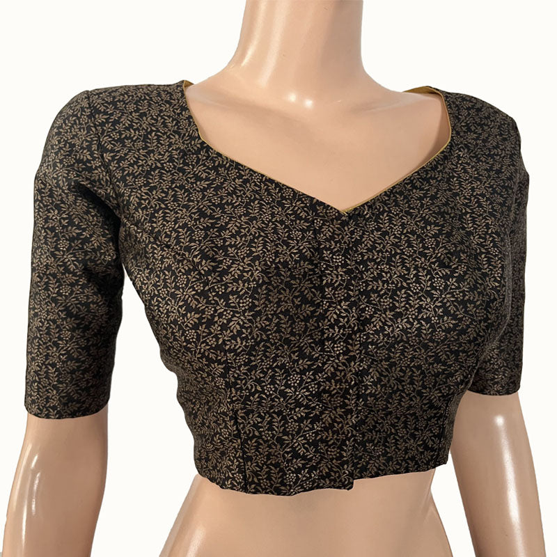 Banarasi Brocade Semi Silk Blouse with Sweetheart neck & Lining, Black, BS1158 Banarasi Brocade Semi Silk Blouse with Sweetheart neck & Lining, Black, BS1158