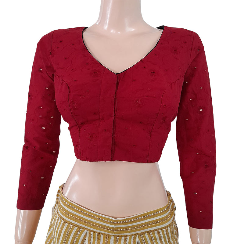 Hakoba Cutwork Cotton V neck Blouse with Lining, Maroon, BW1124