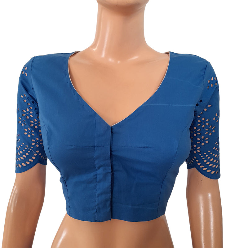 Hakoba Cutwork Cotton V neck Blouse, Iris blue, BW1127