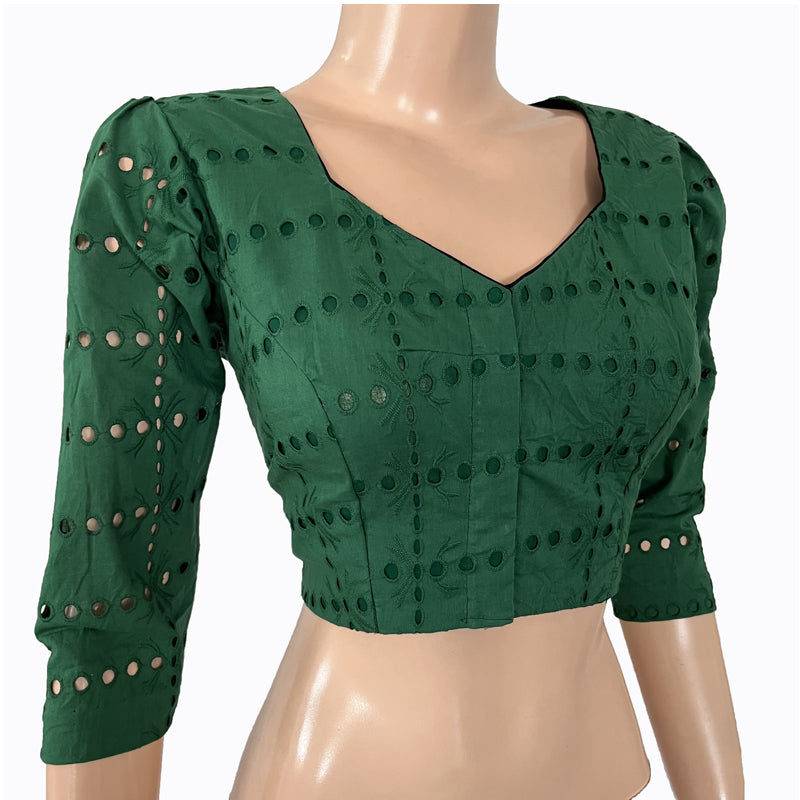 Hakoba Cutwork Cotton Sweetheart neck Blouse with Lining, Bottle Green, BW1134