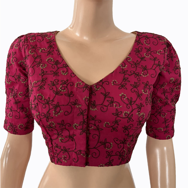 Embroidered 2 x 2 Cotton V neck Blouse with Puff Sleeves & Lining, Majentha, BW1135