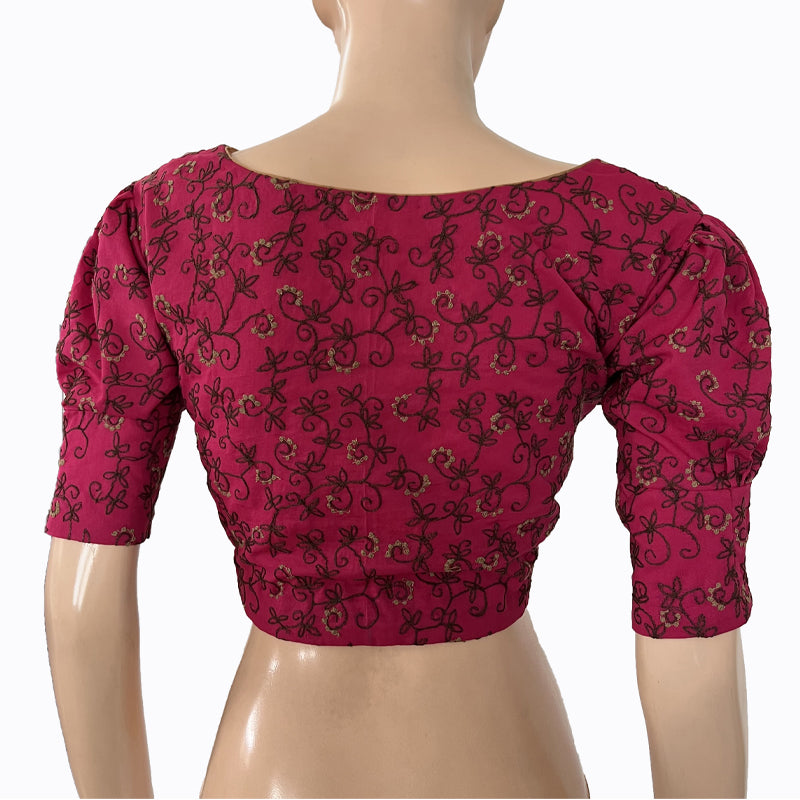 Embroidered 2 x 2 Cotton V neck Blouse with Puff Sleeves & Lining, Majentha, BW1135