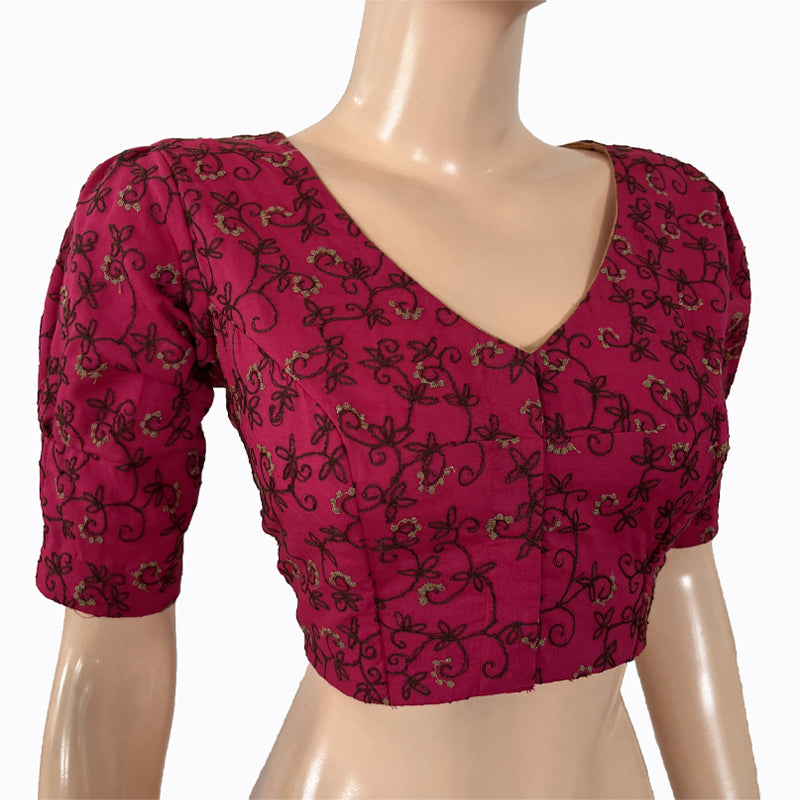 Embroidered 2 x 2 Cotton V neck Blouse with Puff Sleeves & Lining, Majentha, BW1135