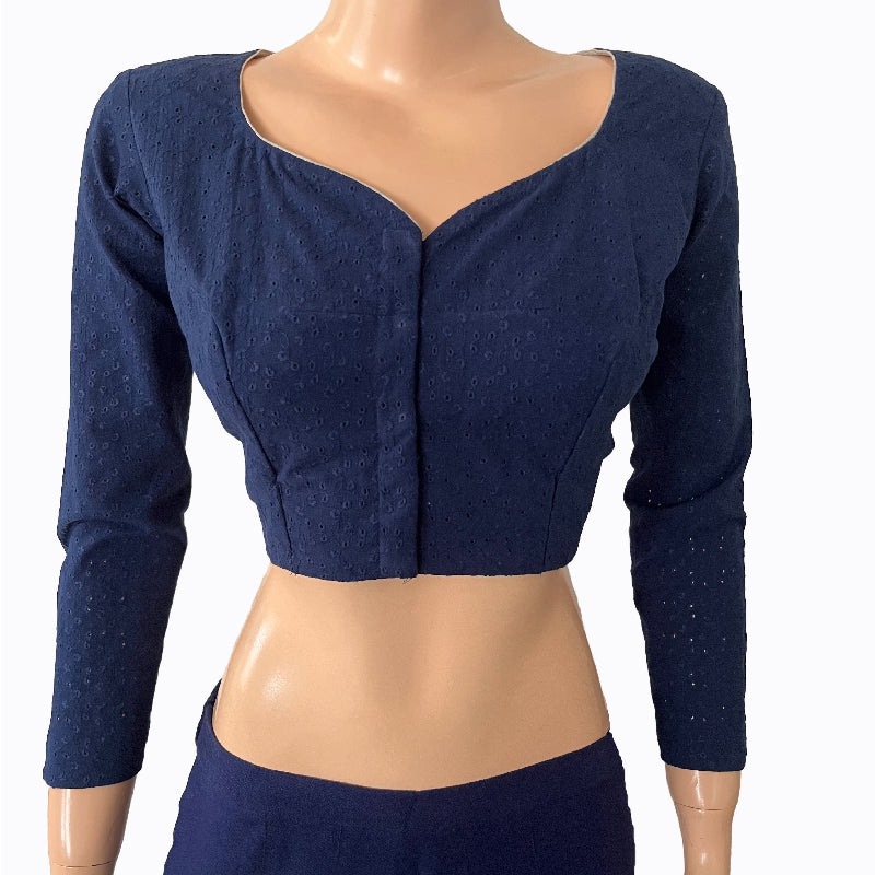 Hakoba Cotton Y neck Blouse with Full Sleeves & Lining, Navy blue, BW1140