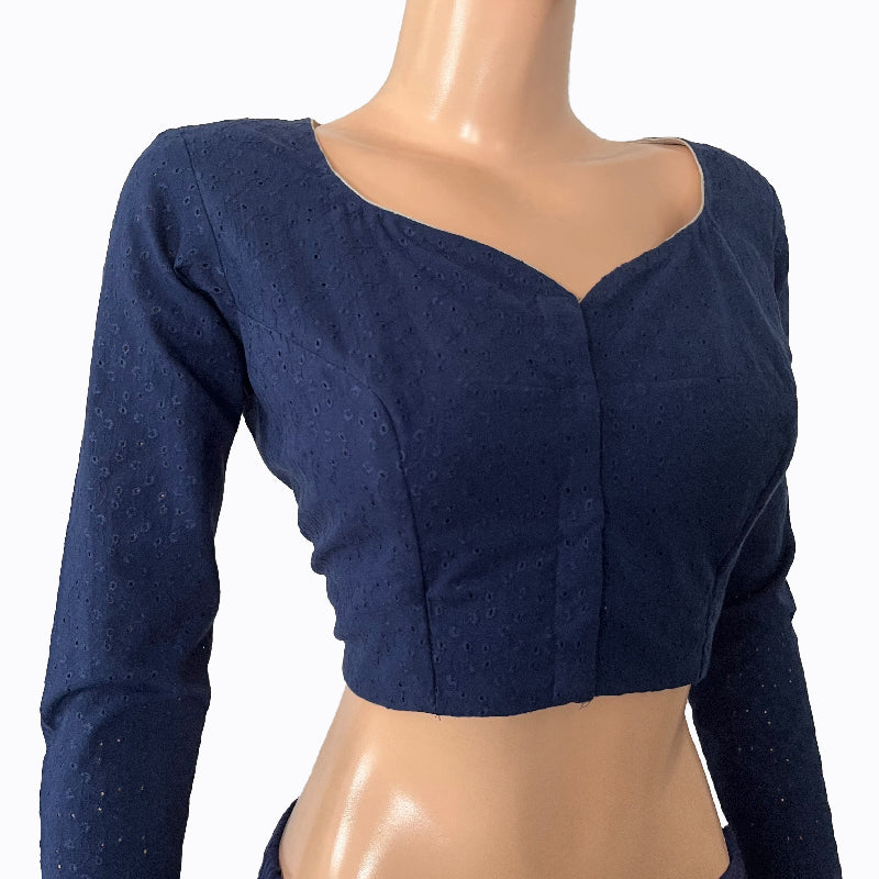 Hakoba Cotton Y neck Blouse with Full Sleeves & Lining, Navy blue, BW1140