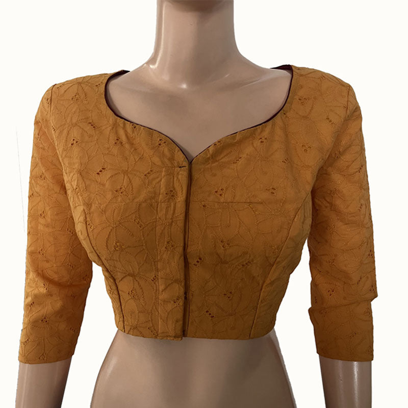 Hakoba Cutwork Cotton Y neck Blouse with Lining, Mustard Yellow, BW1141