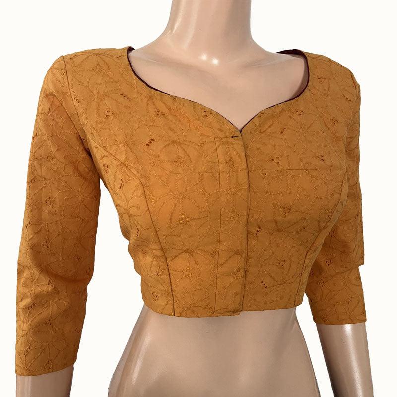 Hakoba Cutwork Cotton Y neck Blouse with Lining, Mustard Yellow, BW1141