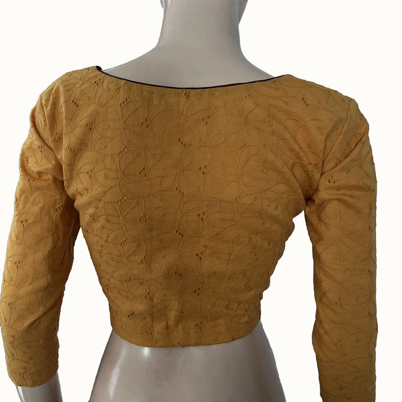 Hakoba Cutwork Cotton Y neck Blouse with Lining, Mustard Yellow, BW1141