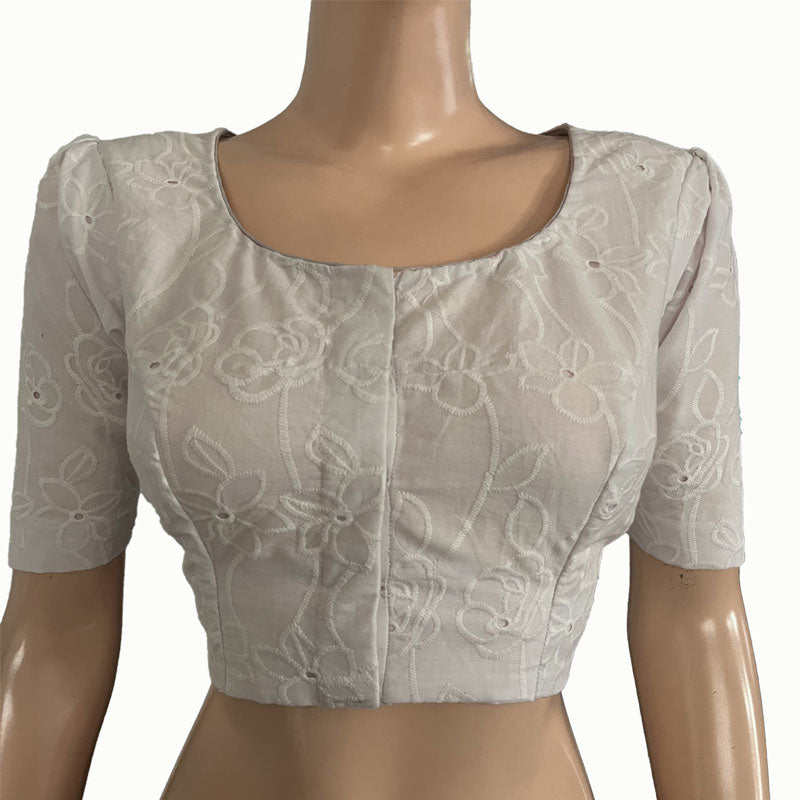 Hakoba Cotton Round neck Blouse with Lining, White, BW1144