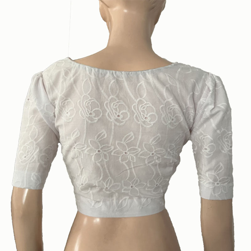 Hakoba Cotton Round neck Blouse with Lining, White, BW1144