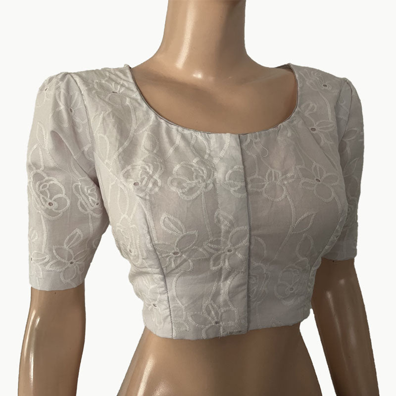 Hakoba Cotton Round neck Blouse with Lining, White, BW1144