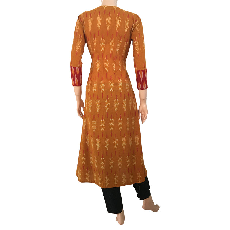 Ikat Cotton A line Kurta with Diamond neck & Mirror Work Lace Details, Mustard Yellow, KI1020