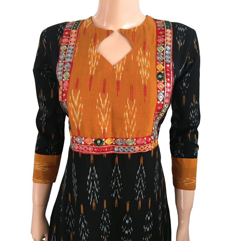 Ikat Cotton A line Kurta with Diamond neck & Mirror Work Lace Details, Black, KI1021