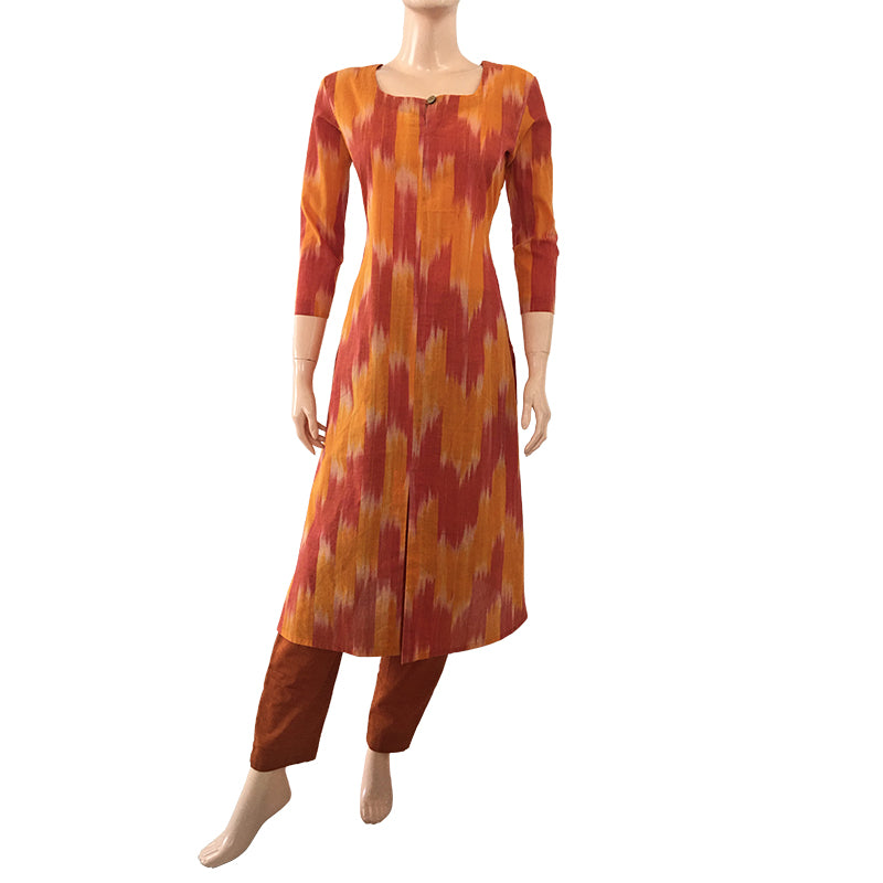 Tie - Dye Mangalgiri Straight cut Roundneck Kurta , Yellow - Rust, KH1052