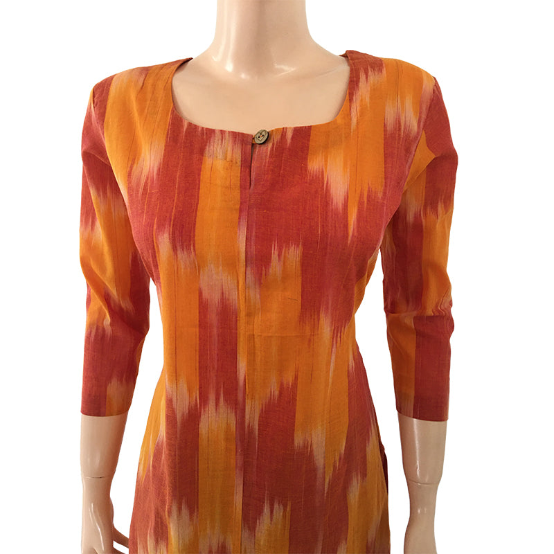 Tie - Dye Mangalgiri Straight cut Roundneck Kurta , Yellow - Rust, KH1052
