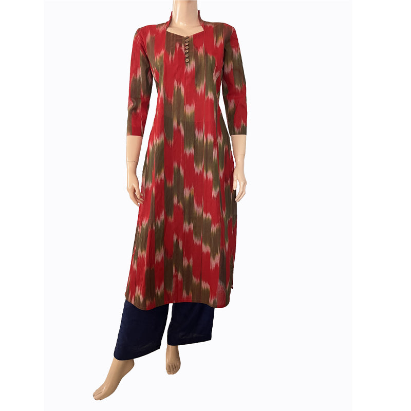 Mangalgiri Tie - dye Handloom Straight cut Kurta, Red - Green, KH1069