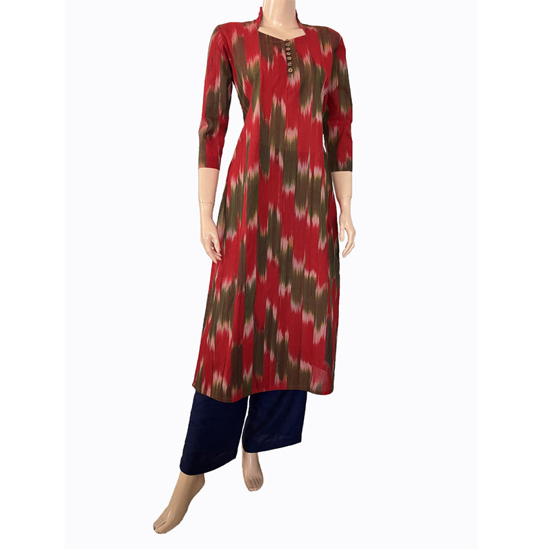Mangalgiri Tie - dye Handloom Straight cut Kurta, Red - Green, KH1069