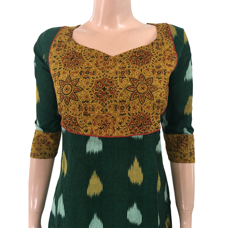 Ikat Cotton Sweetheart neck Kurta with Ajrakh Patches, Bottle Green, KI1015