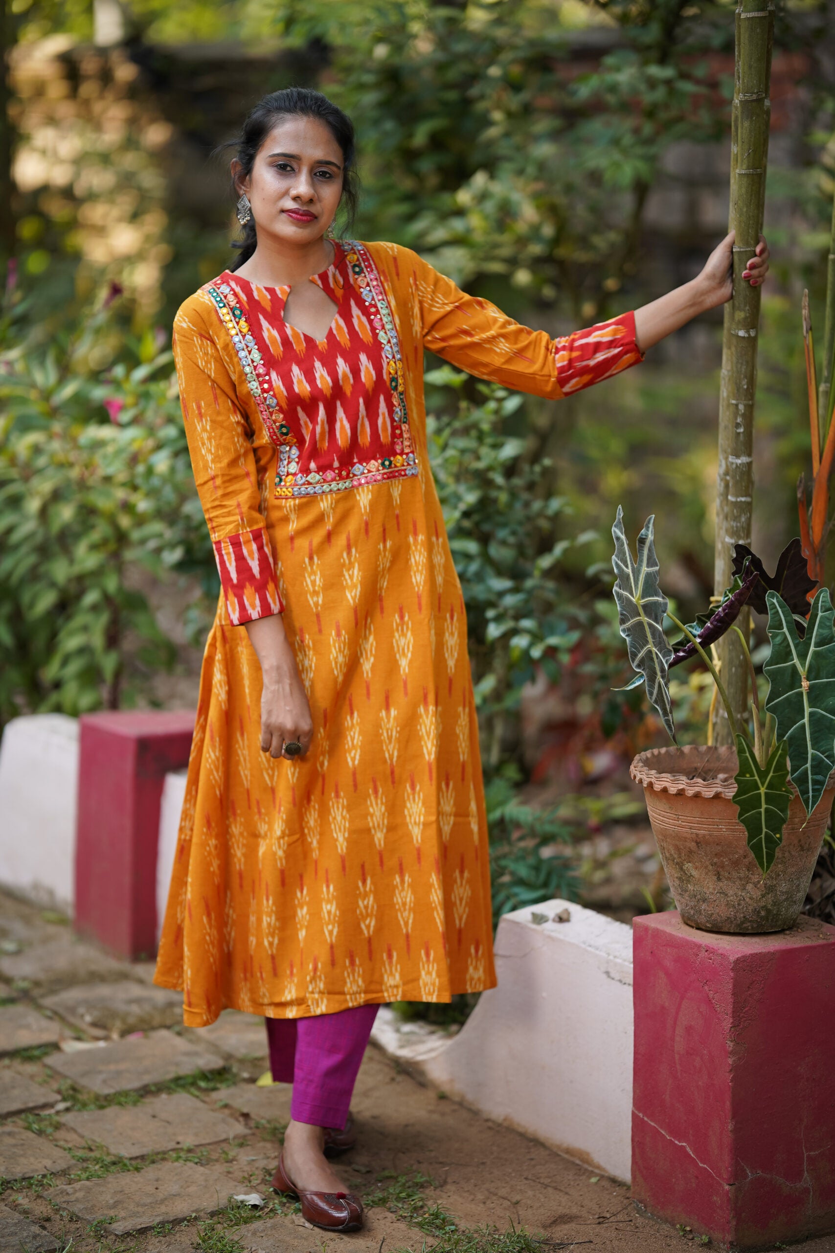 Ikat Cotton A line Kurta with Diamond neck & Mirror Work Lace Details, Mustard Yellow, KI1020