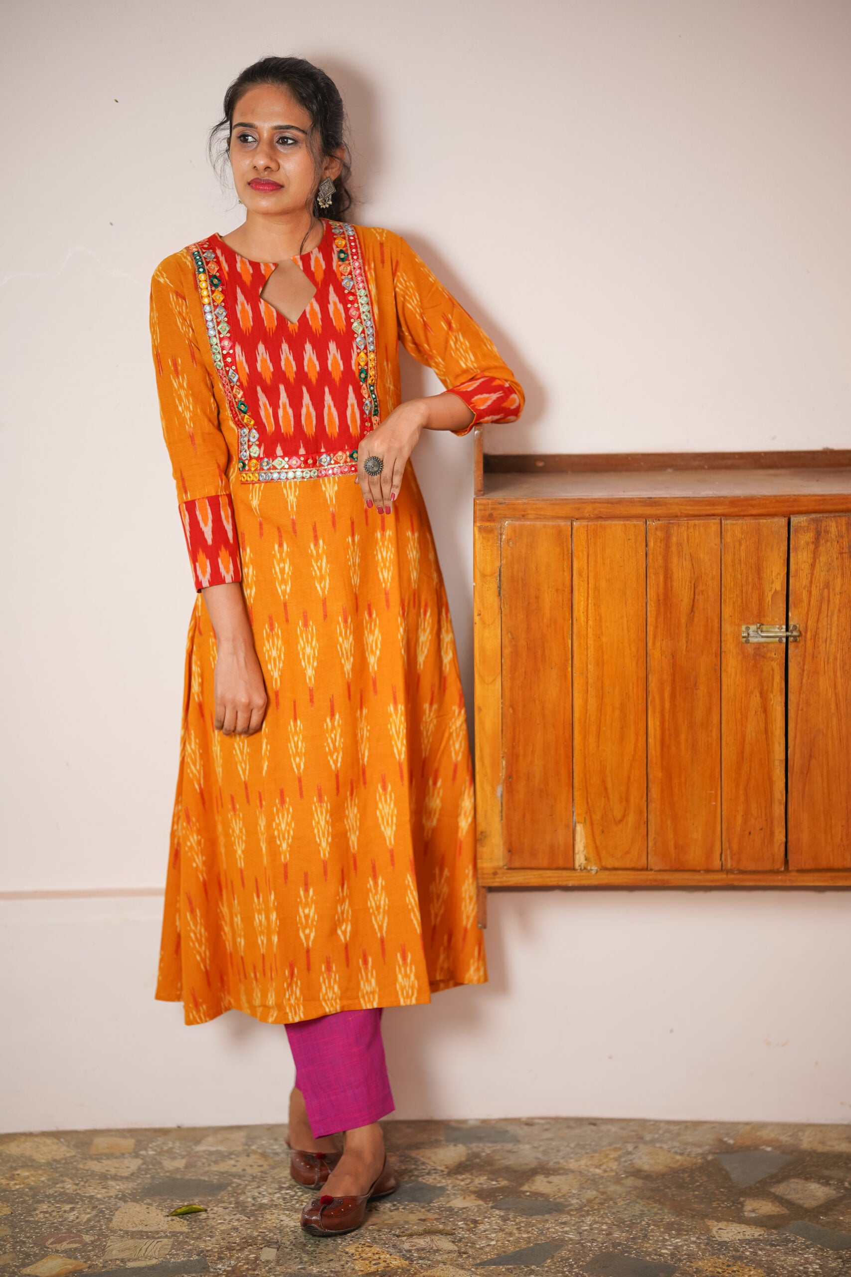 Ikat Cotton A line Kurta with Diamond neck & Mirror Work Lace Details, Mustard Yellow, KI1020