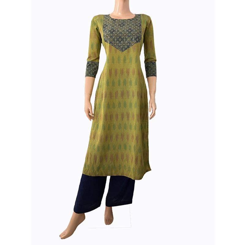 Ikat Cotton Round neck Straight cut Kurta with Ajrakh Patches,  Fluorescent Green,  KI1027 Ikat Cotton Round neck Straight cut Kurta with Ajrakh Patches,  Fluorescent Green,  KI1027