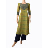 Ikat Cotton Round neck Straight cut Kurta with Ajrakh Patches,  Fluorescent Green,  KI1027 Ikat Cotton Round neck Straight cut Kurta with Ajrakh Patches,  Fluorescent Green,  KI1027