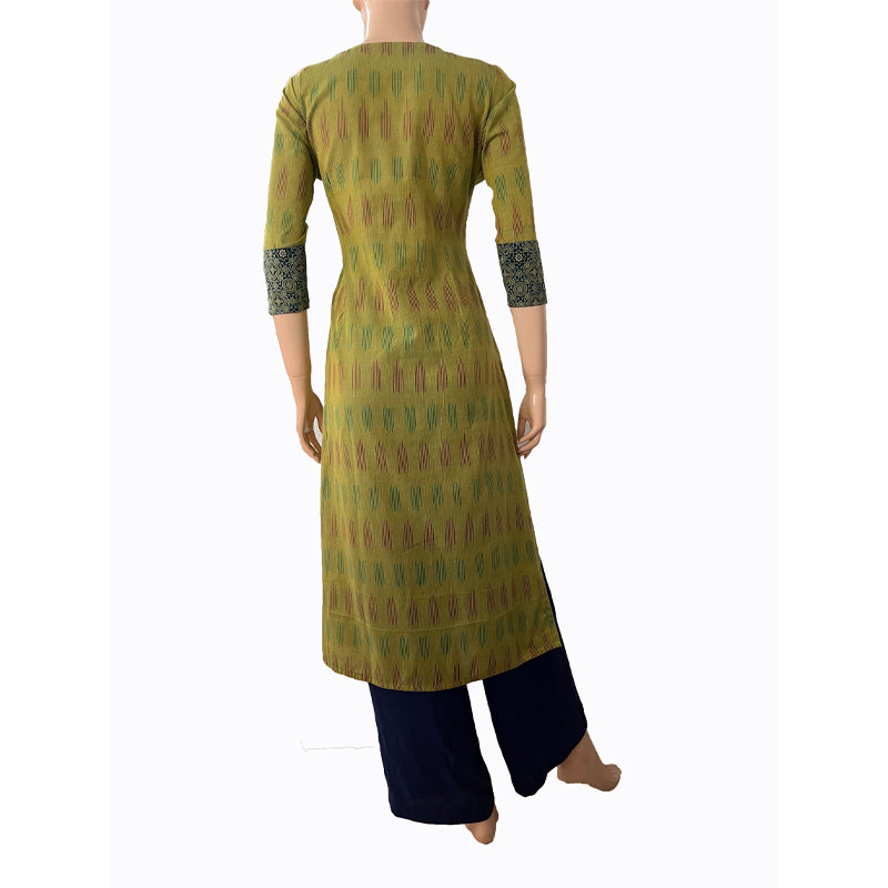 Ikat Cotton Round neck Straight cut Kurta with Ajrakh Patches,  Fluorescent Green,  KI1027 Ikat Cotton Round neck Straight cut Kurta with Ajrakh Patches,  Fluorescent Green,  KI1027