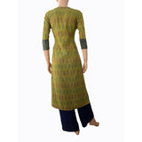 Ikat Cotton Round neck Straight cut Kurta with Ajrakh Patches,  Fluorescent Green,  KI1027 Ikat Cotton Round neck Straight cut Kurta with Ajrakh Patches,  Fluorescent Green,  KI1027