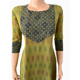 Ikat Cotton Round neck Straight cut Kurta with Ajrakh Patches,  Fluorescent Green,  KI1027 Ikat Cotton Round neck Straight cut Kurta with Ajrakh Patches,  Fluorescent Green,  KI1027