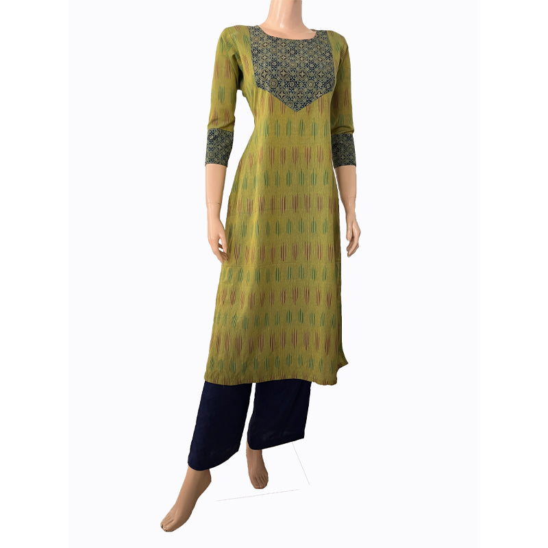Ikat Cotton Round neck Straight cut Kurta with Ajrakh Patches,  Fluorescent Green,  KI1027 Ikat Cotton Round neck Straight cut Kurta with Ajrakh Patches,  Fluorescent Green,  KI1027