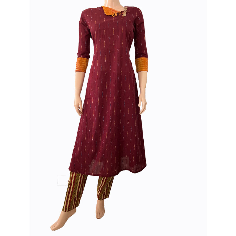 Ikat Cotton A line Kurta with Triangular neck & Wooden Button Details, Maroon, KI1029
