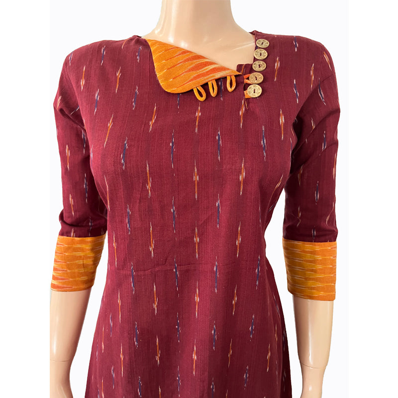 Ikat Cotton A line Kurta with Triangular neck & Wooden Button Details, Maroon, KI1029