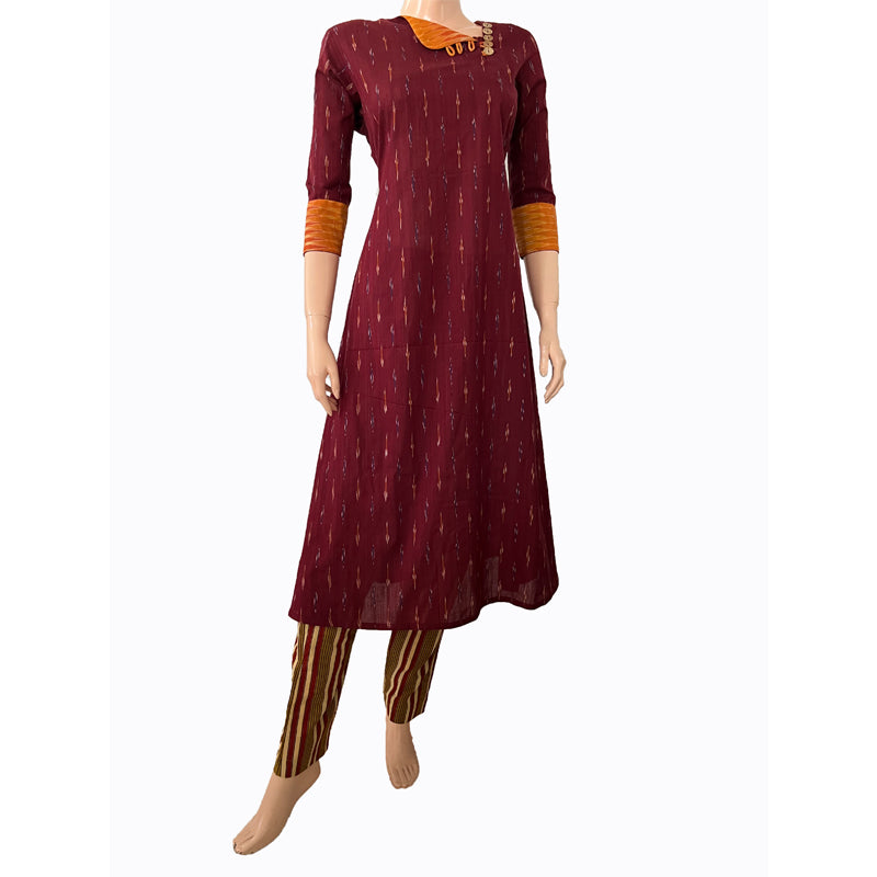 Ikat Cotton A line Kurta with Triangular neck & Wooden Button Details, Maroon, KI1029
