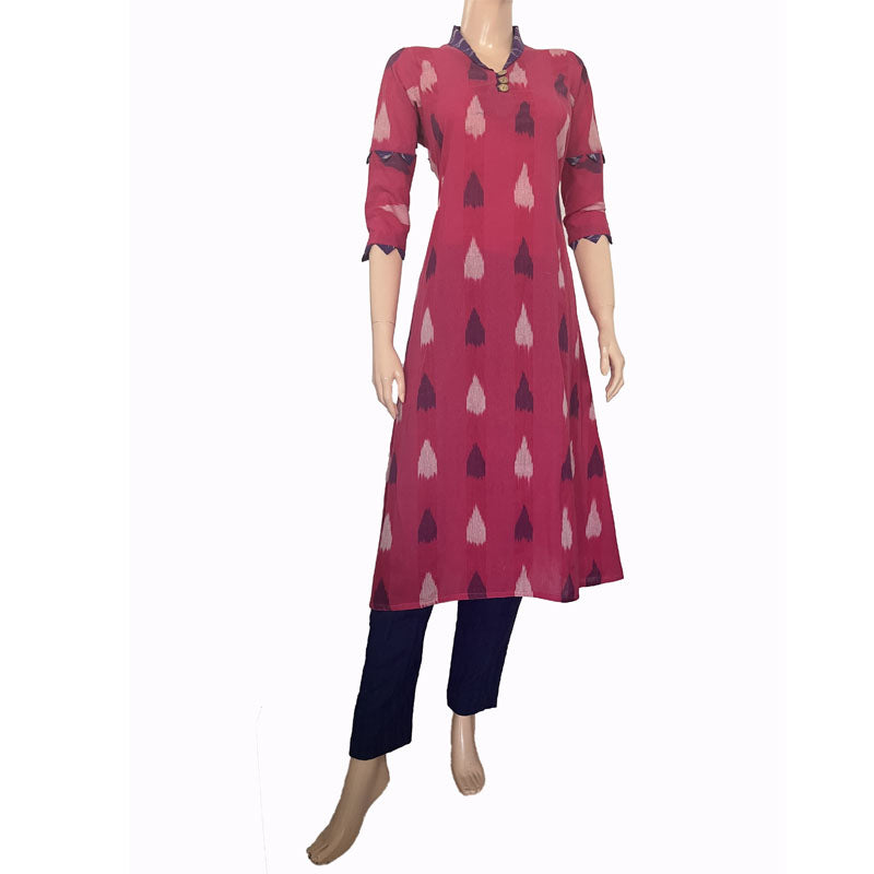 Ikat Cotton A line Kurta with Shawl Collar & Wooden Button Details, Pink, KI1030