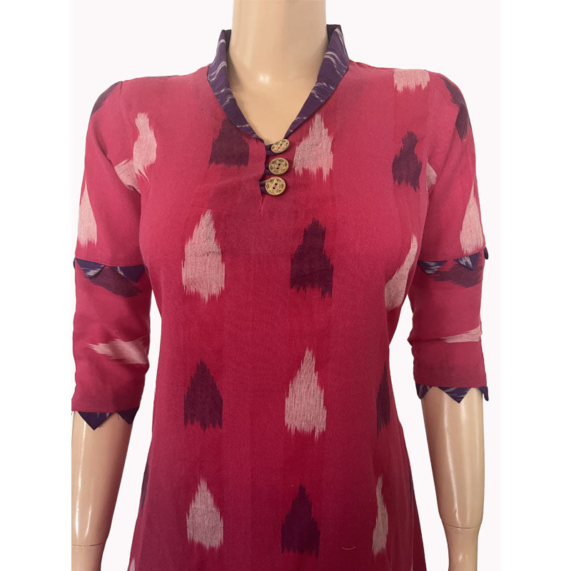 Ikat Cotton A line Kurta with Shawl Collar & Wooden Button Details, Pink, KI1030