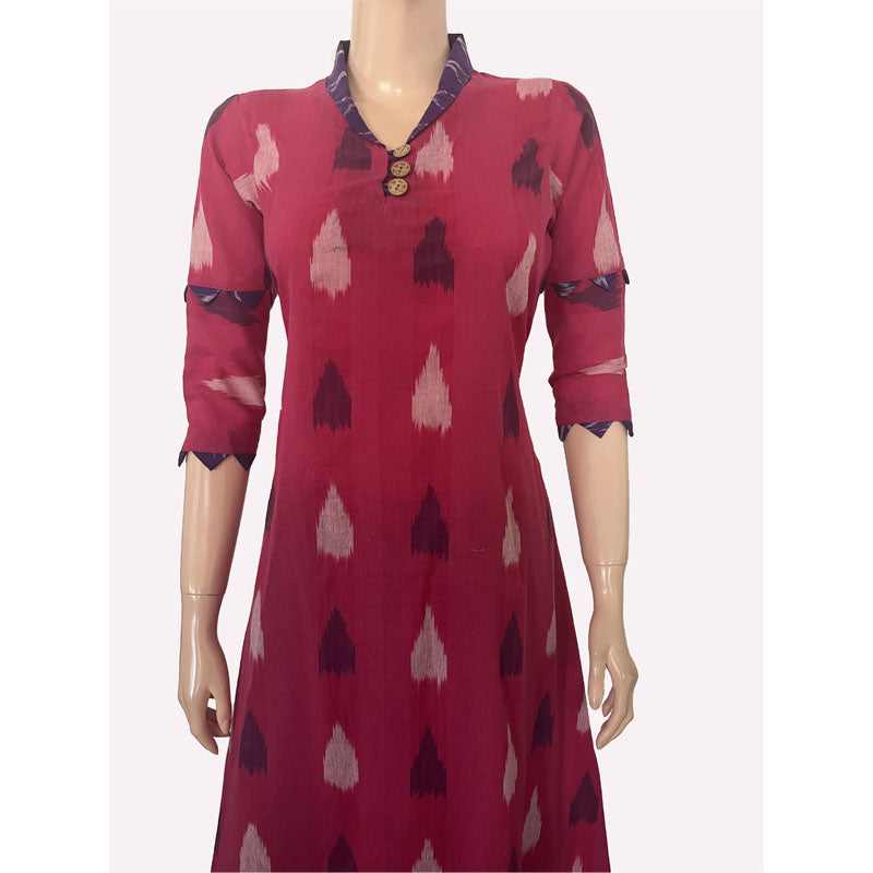 Ikat Cotton A line Kurta with Shawl Collar & Wooden Button Details, Pink, KI1030