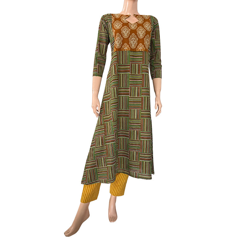 Kalamkari Cotton Striped Diamond neck A line Kurta, Green, KK1064 Kalamkari Cotton Striped Diamond neck A line Kurta, Green, KK1064
