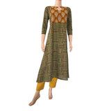 Kalamkari Cotton Striped Diamond neck A line Kurta, Green, KK1064 Kalamkari Cotton Striped Diamond neck A line Kurta, Green, KK1064