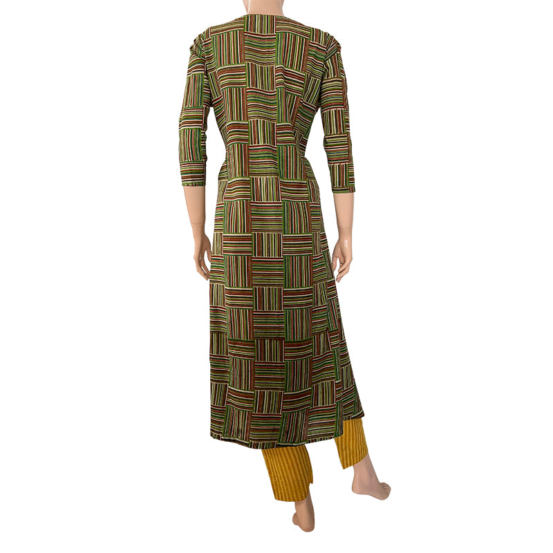 Kalamkari Cotton Striped Diamond neck A line Kurta, Green, KK1064 Kalamkari Cotton Striped Diamond neck A line Kurta, Green, KK1064