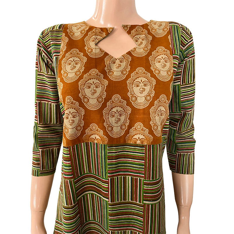 Kalamkari Cotton Striped Diamond neck A line Kurta, Green, KK1064 Kalamkari Cotton Striped Diamond neck A line Kurta, Green, KK1064