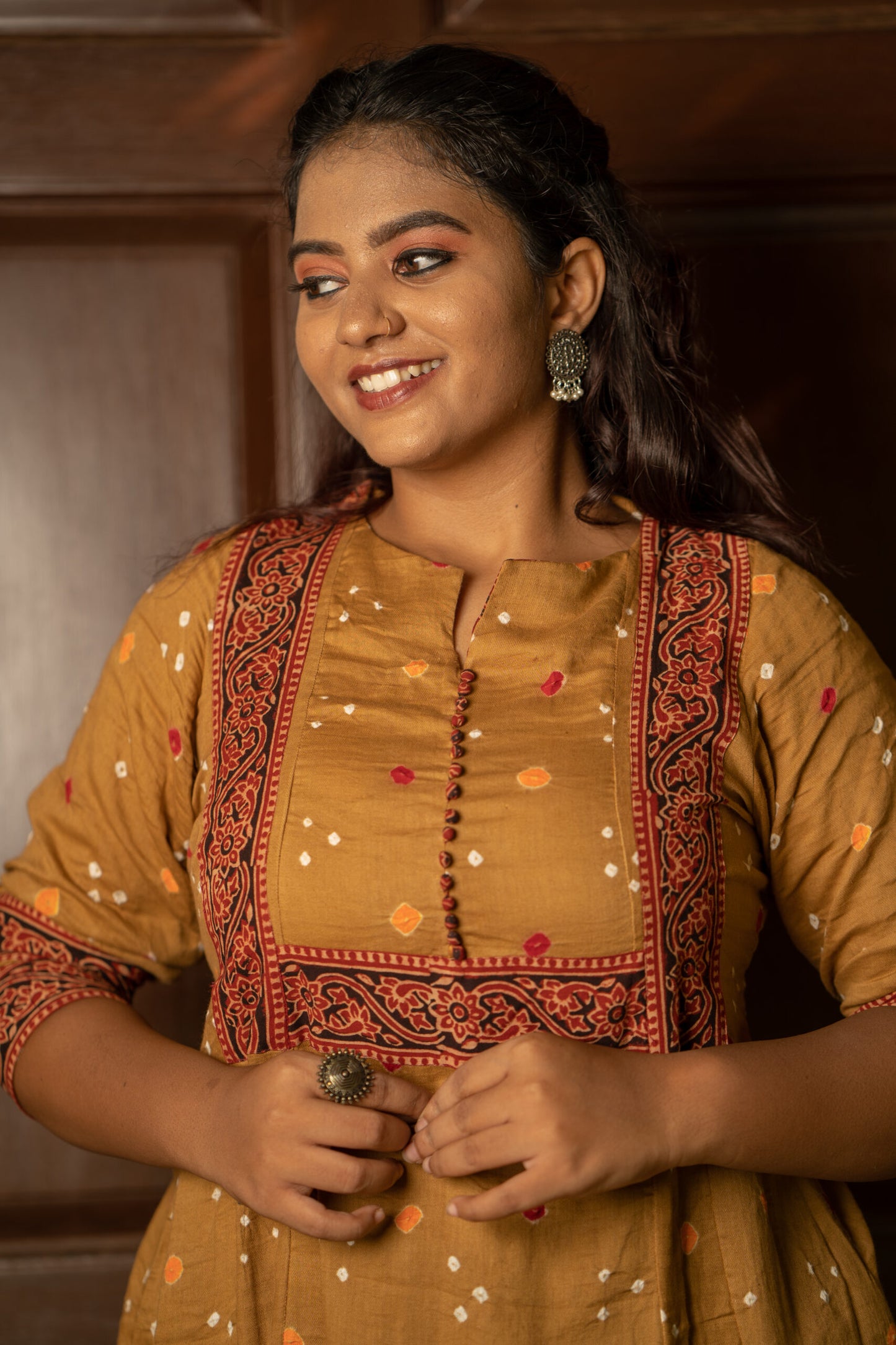 Bandhani Cotton Paneled Kurta with Ajrakh Patches & Potli Button Details, Beige - Brown, KP1068