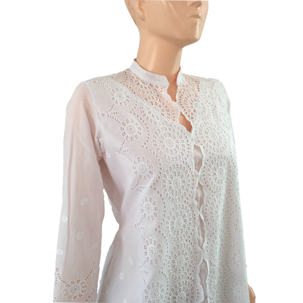 Cotton Cutwork Straight cut Kurti with Chinese Collar & Lining, Pure White, KW1001