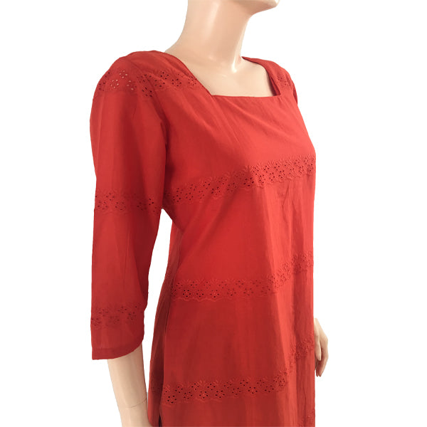 Cotton Hakoba Cutwork Embroidered Straight cut Kurti, Rust, KW1006